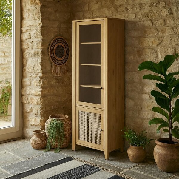 Wyld Haus Monza Tall Natural Oak Wood and Rattan 2 Door Display Cabinet