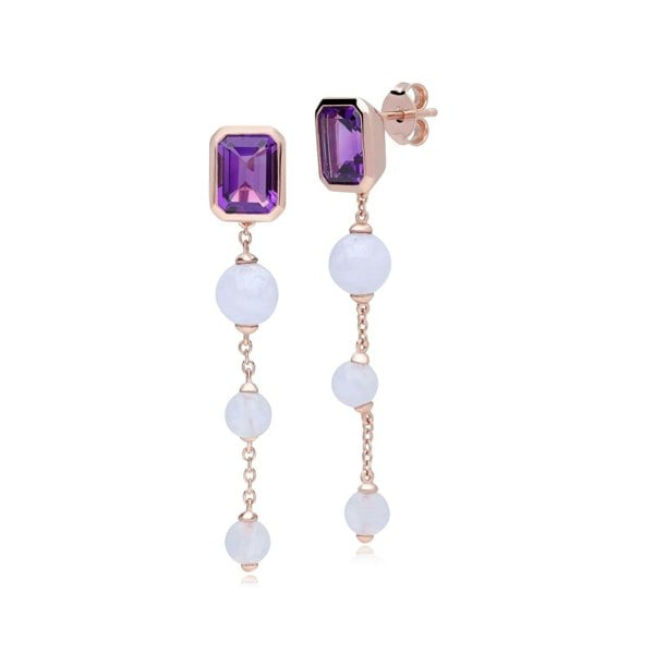 270E034301925 ECFEW™ Unifier Amethyst & Blue Lace Agate Dangle Drop Earrings In Rose Gold Plated Silver 1