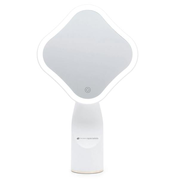 The Rio Illuminated Full Size Beauty Mirror is a modern cordless mirror with a white handle and clover-shaped LED-lit reflective surface.