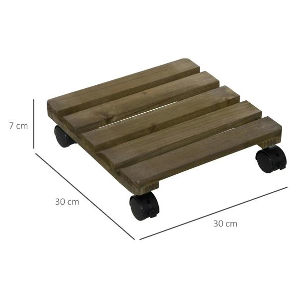 Square wooden plant caddy with caster wheels, 30 cm x 30 cm x 7 cm, dark brown