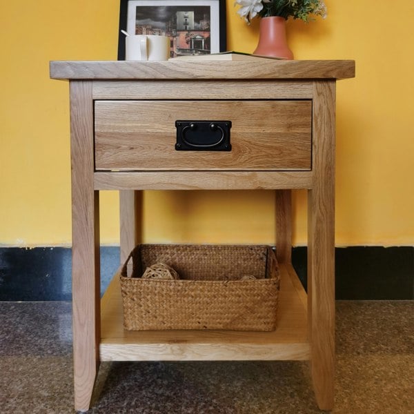 Furniture One Bedside Table Cabinet with Shelf and Drawer, Bedroom Nightstand with Metal Handles, Fully Assembled - Oak