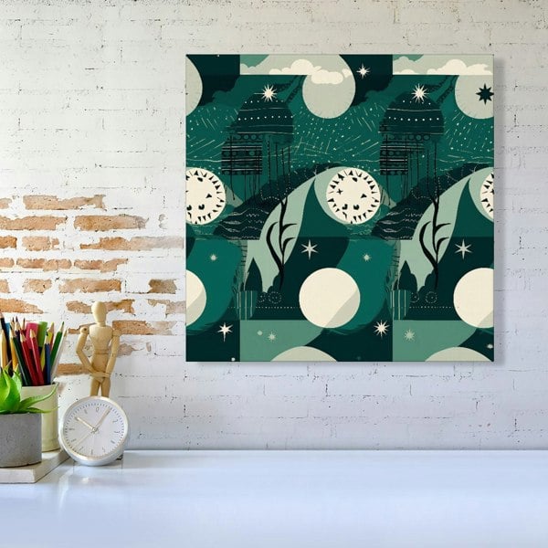 Warren Reed Abstact Green Cream Moon and Stars Canvas