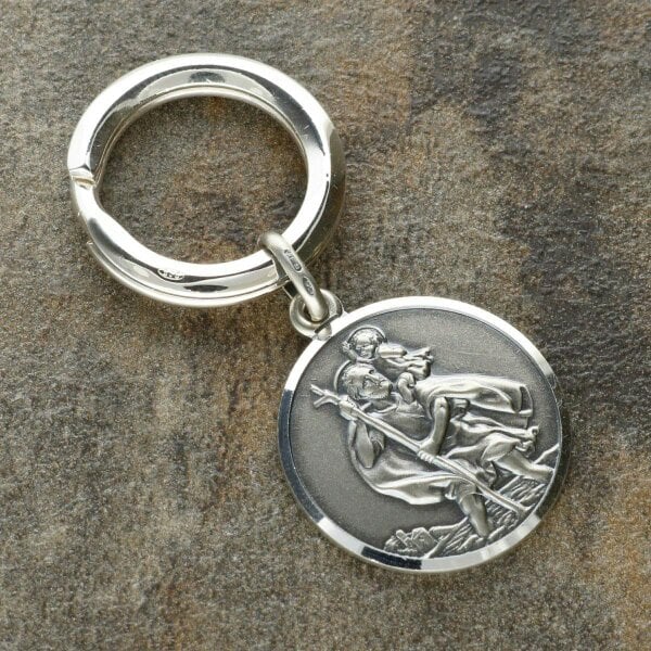 Christopher James of London Antique Finish Sterling Silver 24mm St Christopher Keyring With Travellers Prayer and Optional Engraving