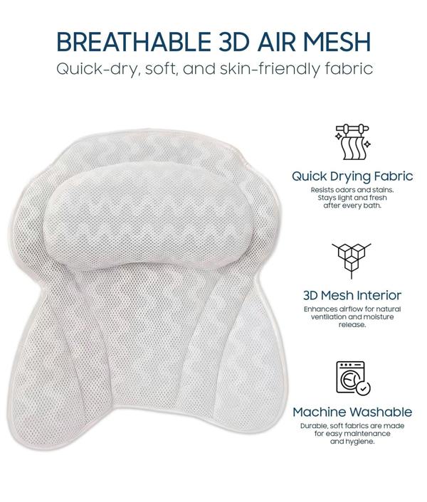 ADOV Bath Pillow, Ergonomic 4D Air Mesh Headrest Cushion with 6 Suction Cups for Head, Neck and Back Support