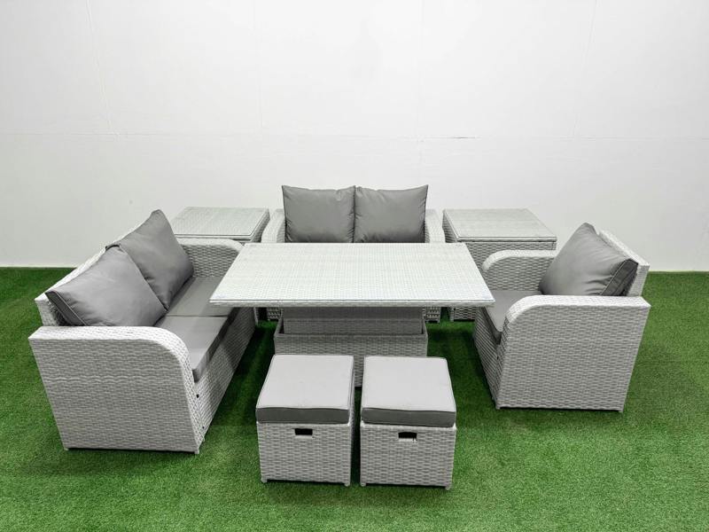 Fimous High Back Poly Rattan Garden Furniture Set, Adj Height Table, Reclining Loveseat, Indoor Outdoor Patio, 2 Stools and 2 Side Tables, Light Grey