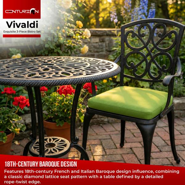Centurion Supports VIVALDI Black 3-Piece Cast Aluminium Garden Bistro Set - with Green Cushions