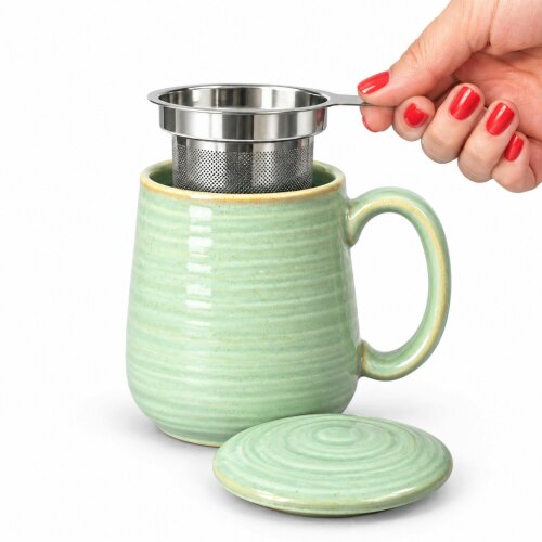 Skandi Home Aska Large Sage Green Reactive Glaze Ceramic Infuser Mug with Lid and removable Stainless Steel Infuser