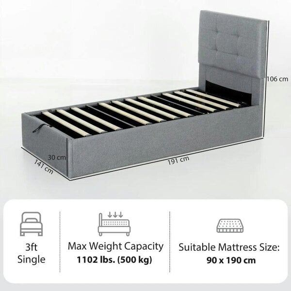 3ft Single Ottoman Bed with Gas Lift Storage - Grey