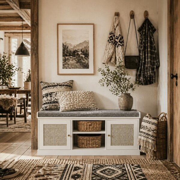Wyld Haus Bafisa Wooden White Boho Shoe Bench With Cushioned Seat And Rattan Doors