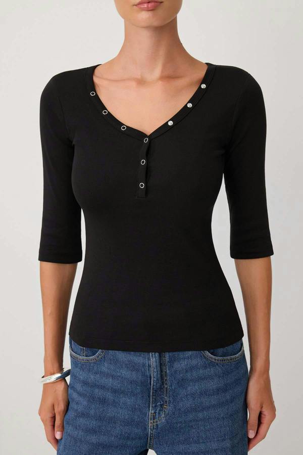 WOVCOR Fitted V Neck Button Front Ribbed Long Sleeve Blouse