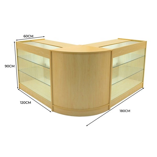 Maple Helios LED shop counter set with curved design, featuring glass shelves and dimensions of 60cm x 120cm x 90cm