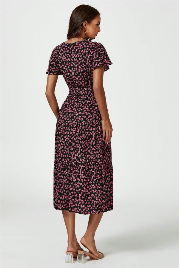 FS Collection Pink Floral Print Wrap Midi Dress In Black