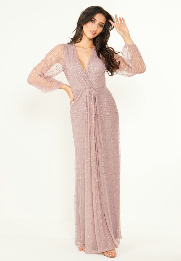 Embellished Long Mesh Sleeve Maxi Dress in Lavender - ANGELEYE