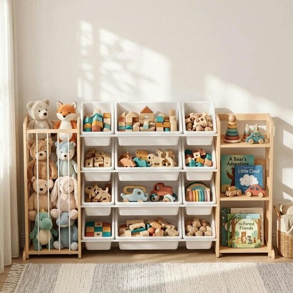 Bobobiy Wooden Toy Storage Unit with Stuffed Animal Storage, Bookshelf and 12 Bins for Kids Rooms, Bedroom, Playroom, Nursery