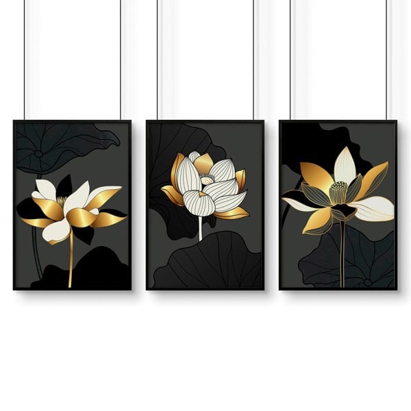 Bathroom decor black and Gold | set of 3 framed wall art