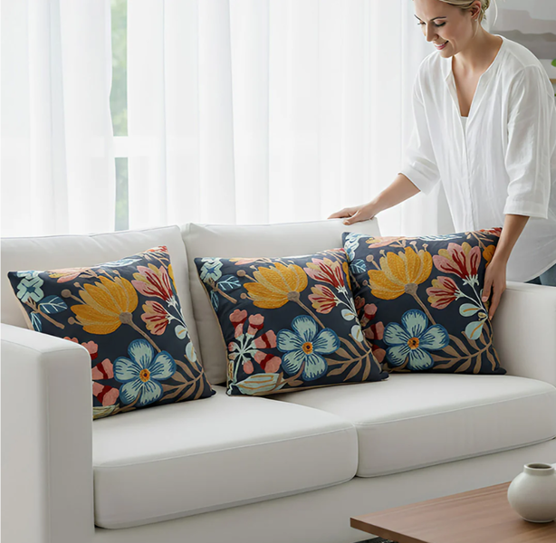 Anypillow Pillowcase Dark Blue Floral Embroidered Decorative Cushion Cover