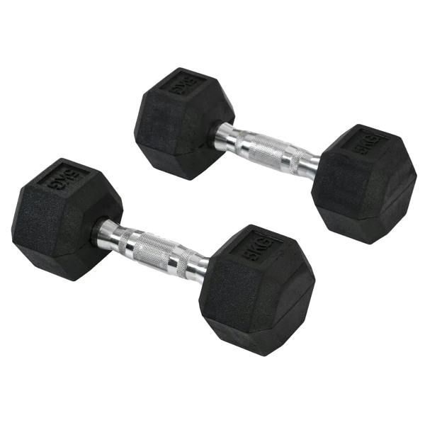 Hex rubber dumbbells set with black 2x5kg weights and chrome handles