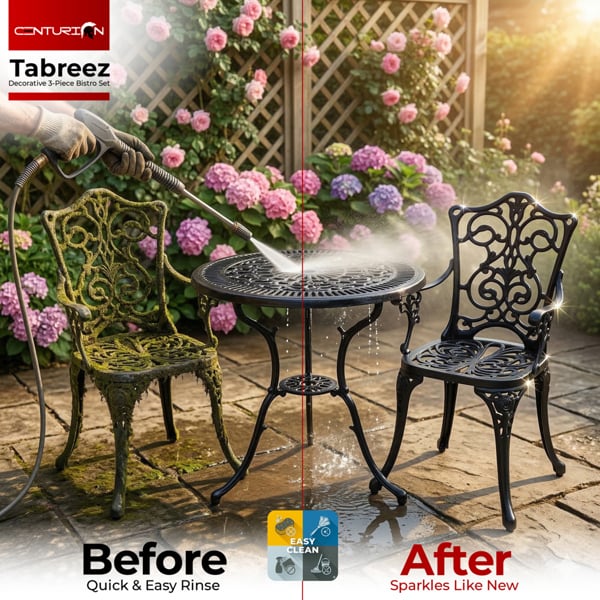 Centurion Supports TABREEZ Garden and Patio Table and 2 Large Chairs with Armrests Cast Aluminium Bistro Set - Black