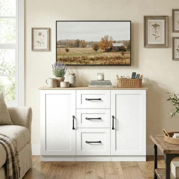 Sideboard Storage Cabinet, Modern 110 cm Buffet Storage Cabinet with 3 Drawers and 2 Soft Close Doors, White