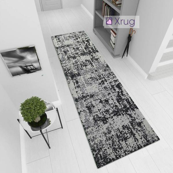 Grey Black Rug Modern Abstract 100% Cotton Washable Large Small Living Room Carpet Flat Woven Mat Living Room Rugs - 75x300cm (2'5''x9'8'')