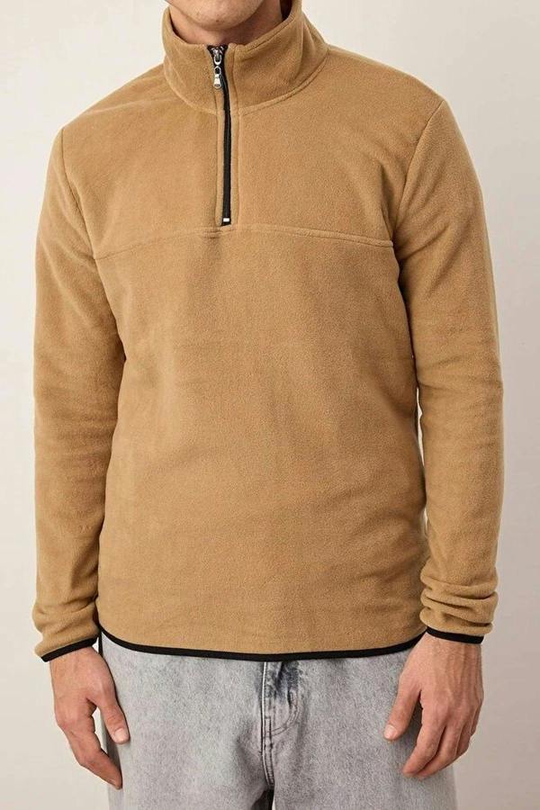 WOVCOR Regular Stand Collar Zippered Polar Fleece Men's Sweatshirt with Stitching Details