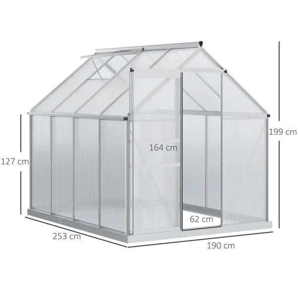 Walk-in polycarbonate greenhouse with clear side panels and silver frame, labeled dimensions