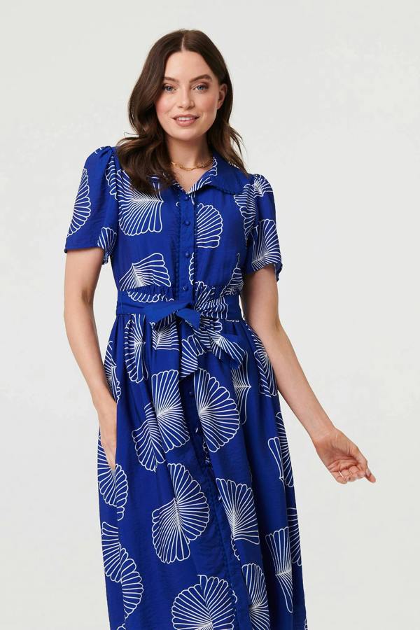 Blue | Printed Short Sleeve Tie Midi Dress