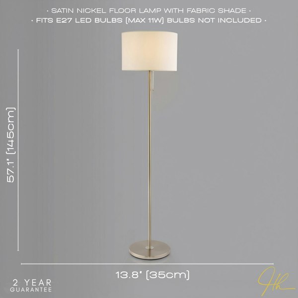 Classic Brushed Satin Nickel Floor Lamp with Metal Pull Switch and Cotton Shade Image 6