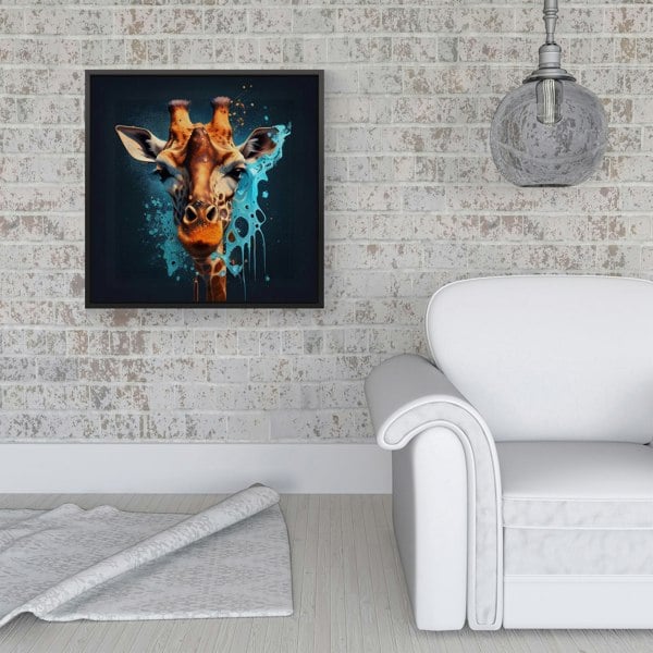 Warren Reed Blue Giraffe Face Splash Art Framed Canvas