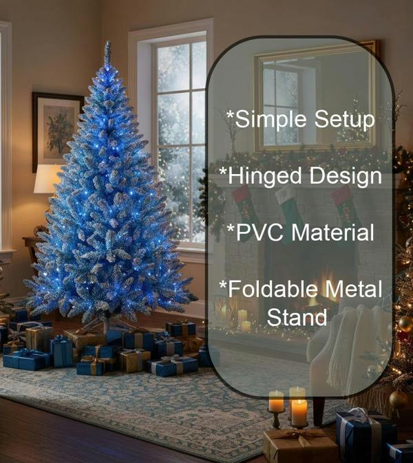 4ft to 8ft Pre-Lit Blue Flocked Christmas Trees with Blue LED Lights and Snowy Finish image 5