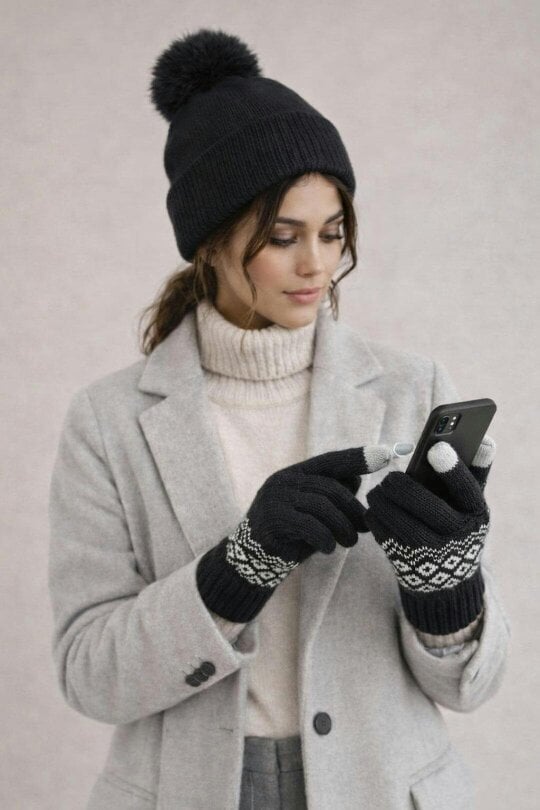 SVNX Pom Pom Beanie Hat & Nordic Knit Gloves Set in Black