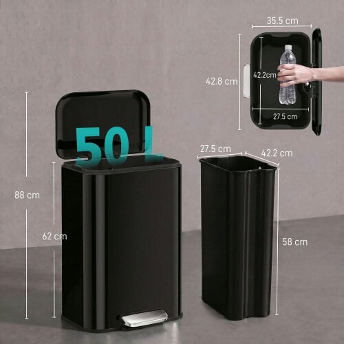 HOMCOM 50L Kitchen Bin, Pedal Bin with Removable Bucket, High Gloss Black