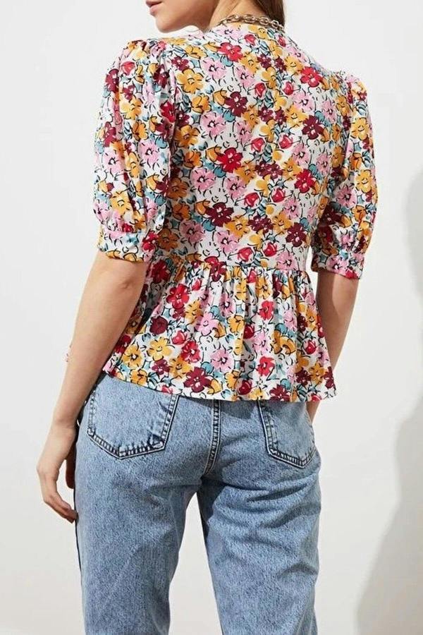 WOVCOR Woven Balloon Sleeve V-Neck Floral Shirt