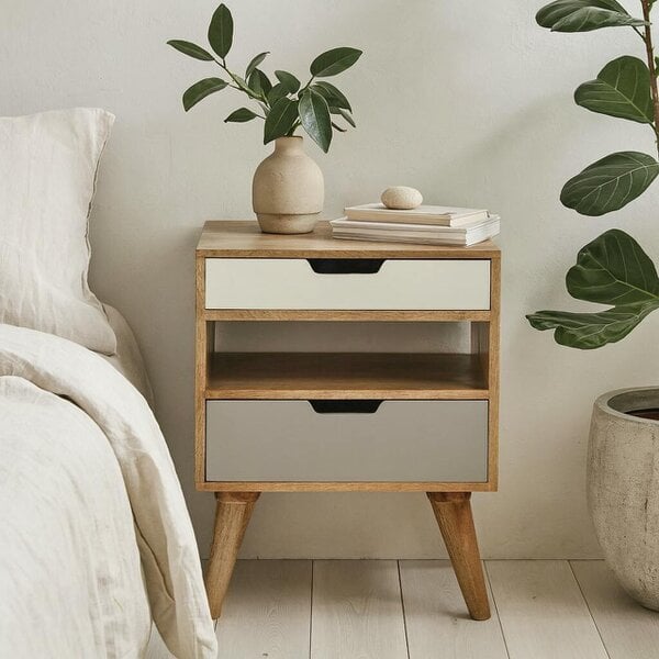 Wyld Haus Pranburi Grey and White Mango Wood Bedside Table 2 Drawers and Open Shelf