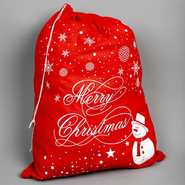 6cm Christmas Santa Sack, Red Felt Gift Bag with Merry Print, Snowman and Snowflake Design, Pack of 10 image 1