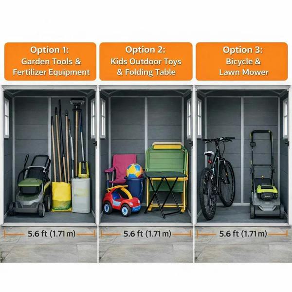Garden storage shed interior storage options for tools, toys, bicycles, and lawn gear