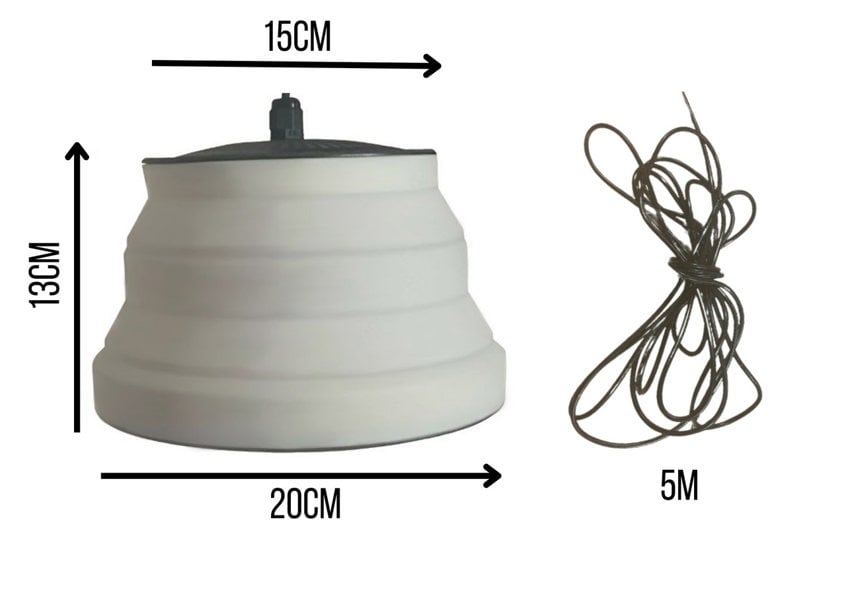 Image of OLPRO Silicone Camping Lantern, dimmable 240V, showing dimensions: 20cm diameter at the bottom, 15cm diameter at the top cable point, and 13cm in height.