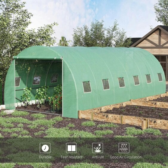 Bobobiy 6 x 3 x 2 m Polytunnel Greenhouse with Roll-up Door and 12 Mesh Windows, Green