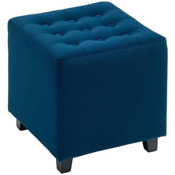 Blue velvet-feel square ottoman with button-tufted top and short legs