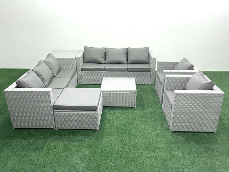 Fimous Outdoor Rattan Sofa Garden Furniture Set with 2 Armchairs Square Coffee Table Big Footstool Side Table Light Grey Mixed