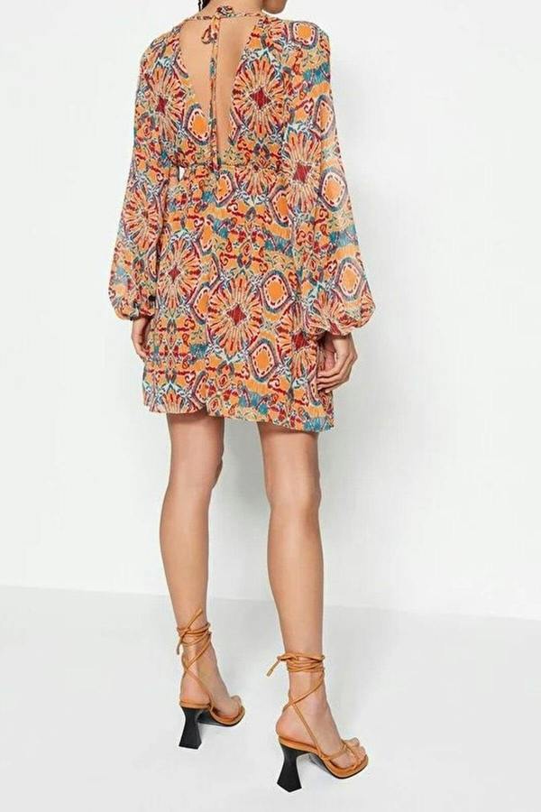WOVCOR Ethnic Patterned A-Line Chiffon Lined Mini Woven Dress