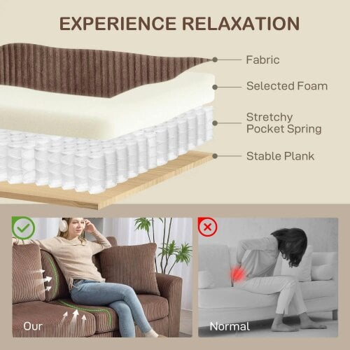 Bobobiy Modern 3 Seater Sofa with Spring Cushion, 212 cm Fabric Jumbo Cord Sofa Couch with 2 Scatter Cushions, Upholstered Corduroy Settee, Coffee