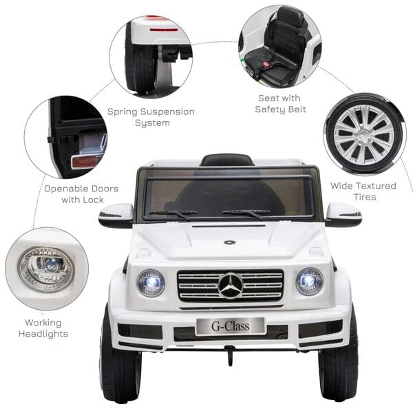 Front view of white kids electric ride-on car toy with working headlights and wide textured tires