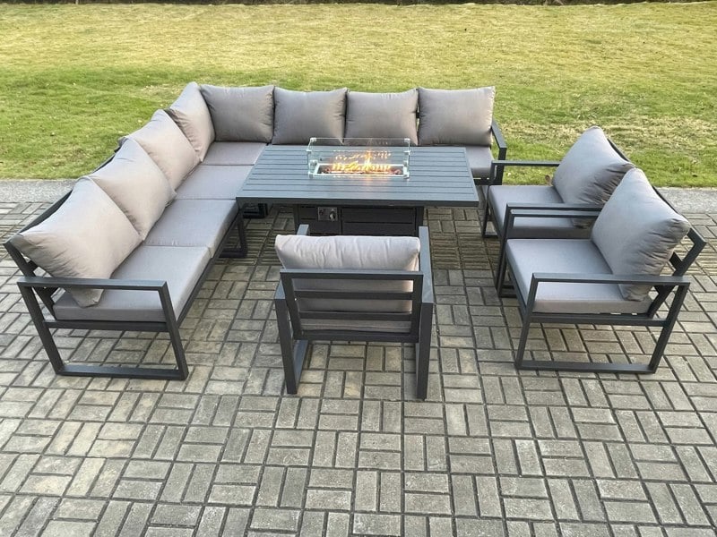 Fimous Aluminium 9 Pieces Garden Furniture Corner Sofa Set with Cushions Gas Fire Pit Dining Table Set Gas Heater Burner with 3 Chairs Dark Grey