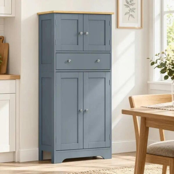 Kitchen Cupboard, Modern Freestanding Kitchen Storage Cabinet with Doors and Shelves, Grey Blue - Blue