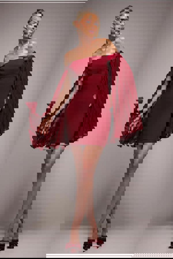 Strapless Mini Dress With Pleated Chiffon Cape - Burgundy DR4789