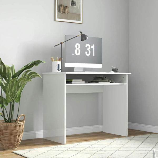 White compact desk with open storage shelf and side support legs