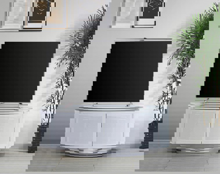 MDA Designs LUNA Gloss White Oval Cabinet with White Profiles White BeamThru Glass Doors Suitable for Flat Screen TVs up to 50"