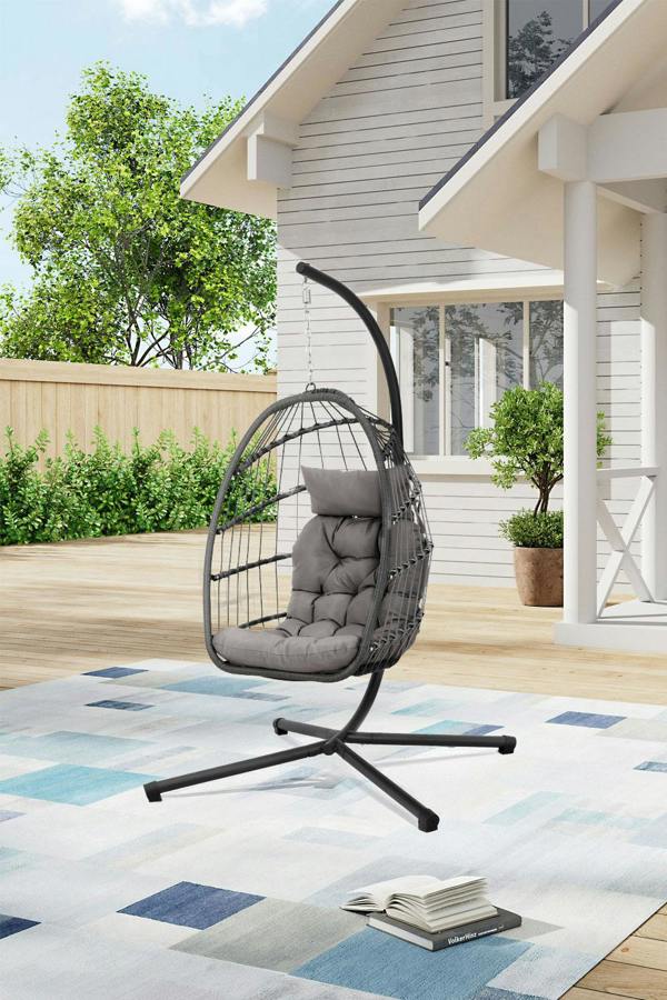 Living and Home Freestanding Outdoor Hanging Chair with Stand and Cushion