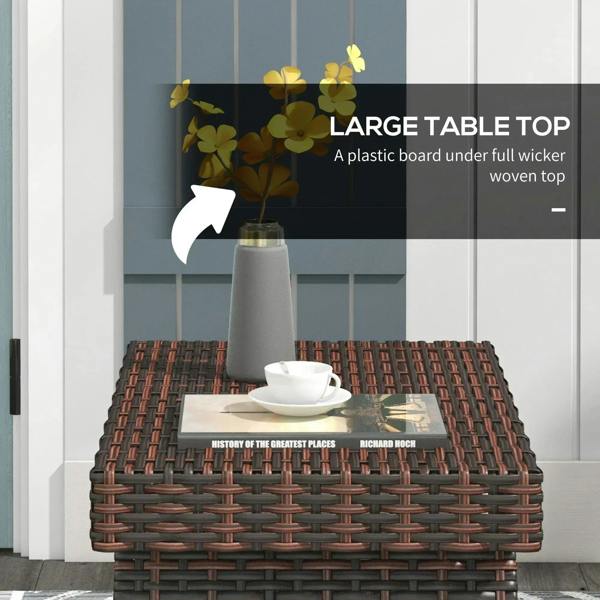 Brown woven rattan outdoor side table with flat tabletop and straight metal legs